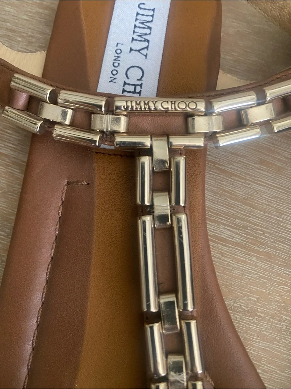 Jimmy Choo Narcissa Leather Chain-Link Accents T-Strap Sandals Size 38.5